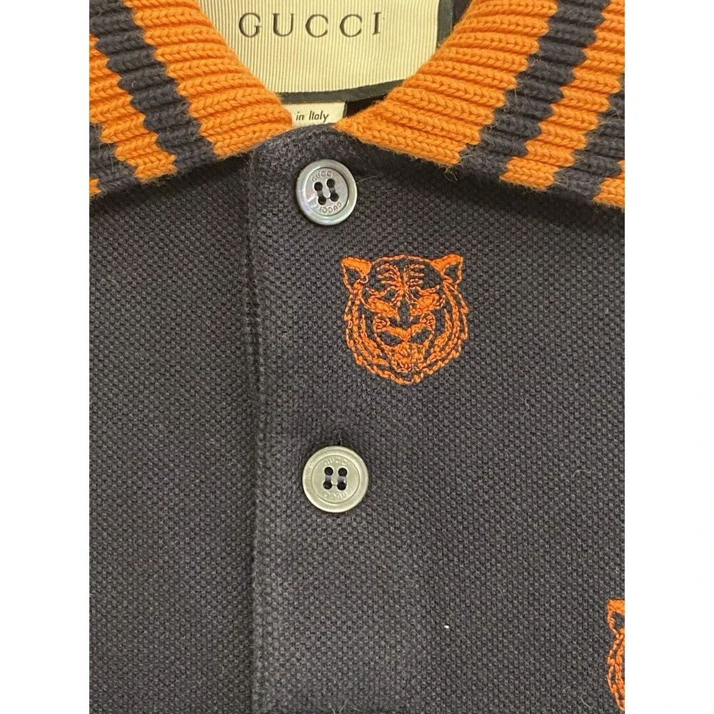 Gucci Embroidered Tiger Polo Shirt Men’s S Navy Orange Short Sleeve Designer